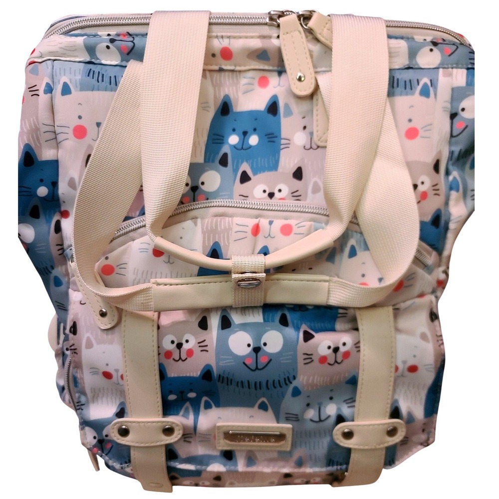 Diaper Bag Backpack Cat Print Blue Grey‎ White USB Charging Port Laprop Travel